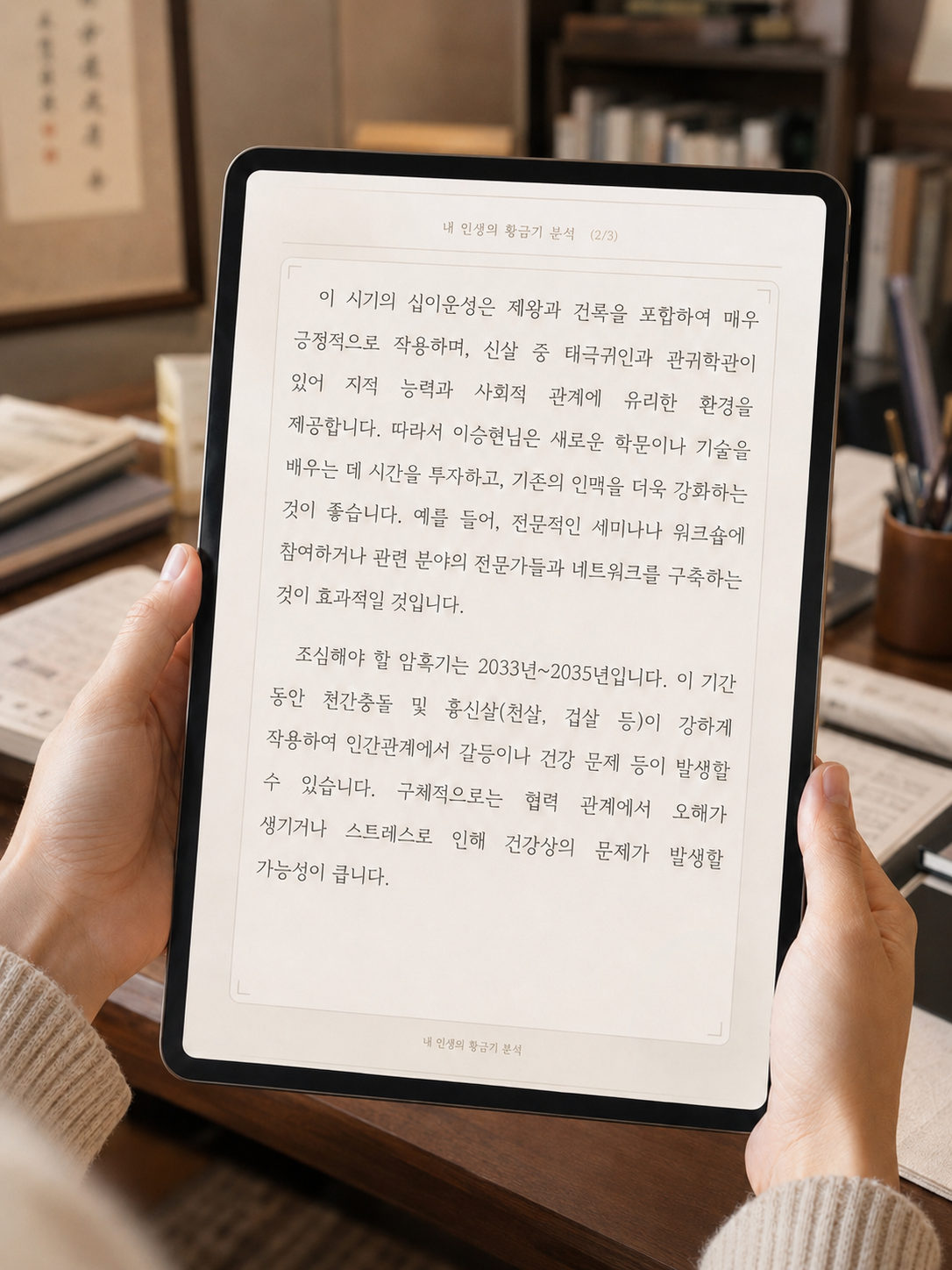 실제 사주 분석지 여러 장이 겹쳐 펼쳐진 정밀사주 예시