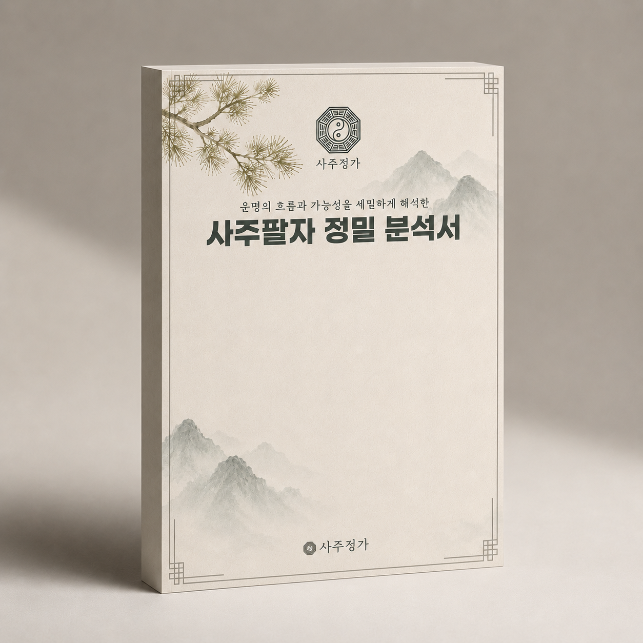 사주정가 정밀 분석서와 실제 분석지 여러 장이 펼쳐진 프리미엄 미리보기